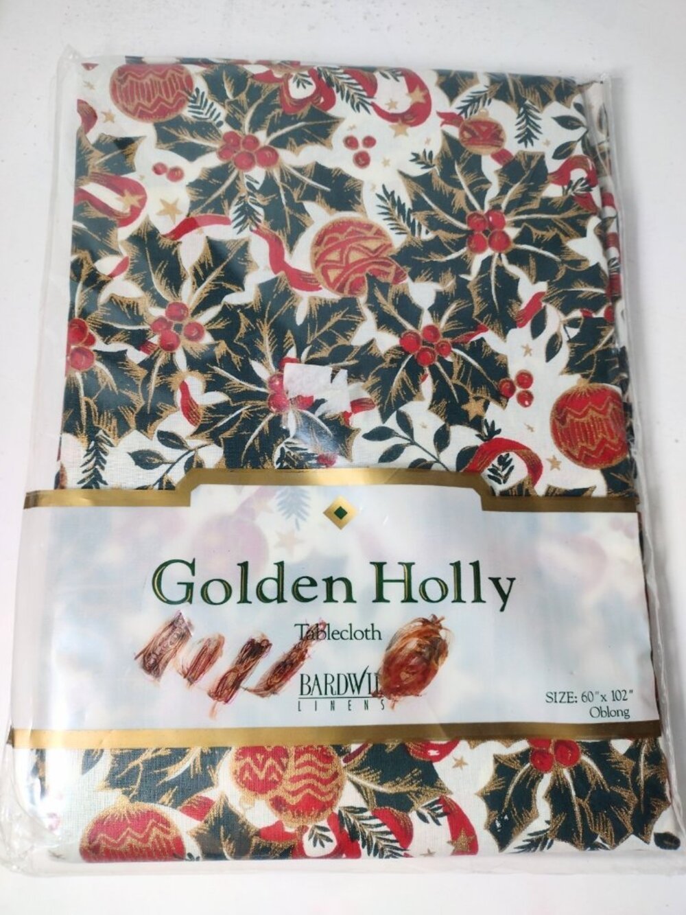 Bardwil Linens Christmas Oblong Tablecloth Golden Holly 60 x 102 Vintage NEW